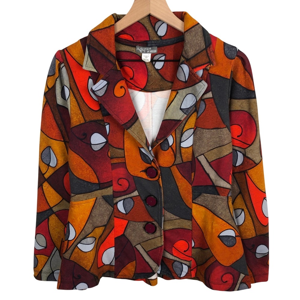 SIMPLY DOLCEZZA Art Abstract Geometric Print Blazer Jacket Sz M Orange Red